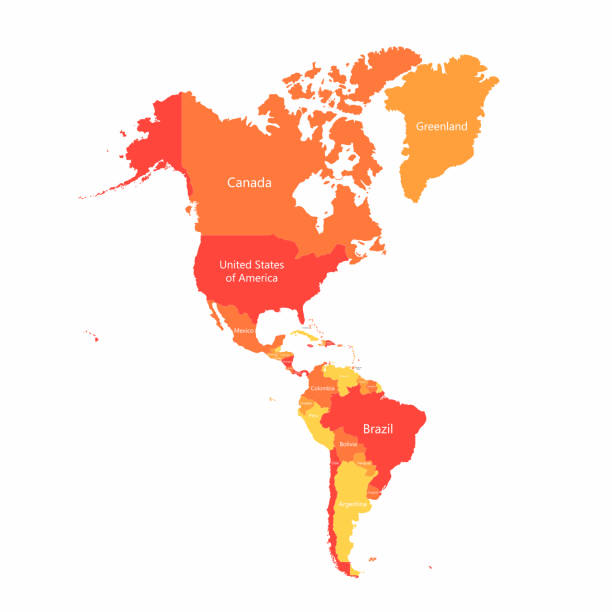 벡터 남미와 북미 지역 국가와 국경 지도. 레드를 추상화 하 고 미국의 국가 지도에 노란색 - map latin america the americas south stock illustrations