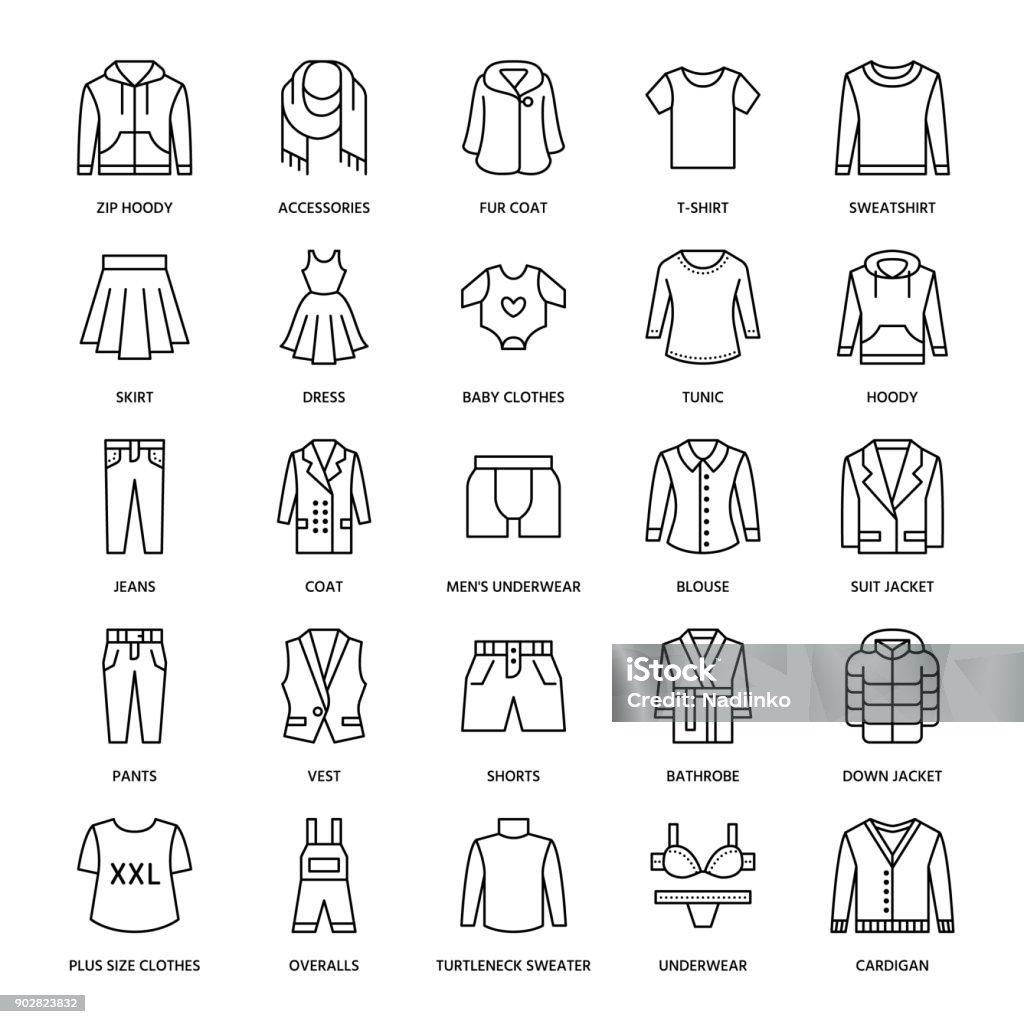 Clothing, fasion flat line icons. Mens, womens apparel - dress, suit jacket, jeans, underwear, sweatshirt, fur coat. Thin linear signs for clothes and accessories store Clothing, fasion flat line icons. Mens, womens apparel - dress, suit jacket, jeans, underwear, sweatshirt, fur coat. Thin linear signs for clothes and accessories store. Icon Symbol stock vector