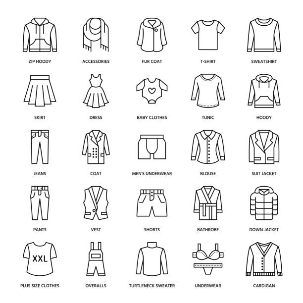 Clothing, fasion flat line icons. Mens, womens apparel - dress, suit jacket, jeans, underwear, sweatshirt, fur coat. Thin linear signs for clothes and accessories store Clothing, fasion flat line icons. Mens, womens apparel - dress, suit jacket, jeans, underwear, sweatshirt, fur coat. Thin linear signs for clothes and accessories store. coat garment stock illustrations
