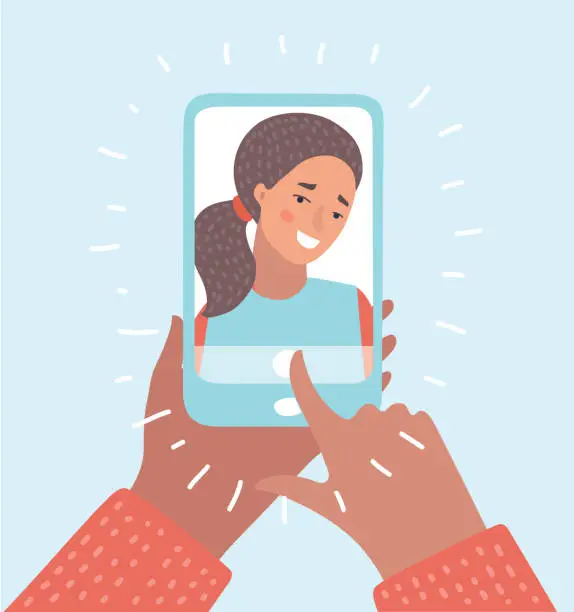 Vector illustration of Woman taking selfie photo on smartphone. Smartphone in girls hands.