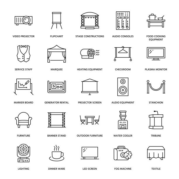 Event supplies flat line icons. Party equipment - stage constructions, visual projector, stanchion, flipchart, marquee. Thin linear signs for catering, commercial rental service Event supplies flat line icons. Party equipment - stage constructions, visual projector, stanchion, flipchart, marquee. Thin linear signs for catering, commercial rental service. food service occupation food and drink industry party buffet stock illustrations