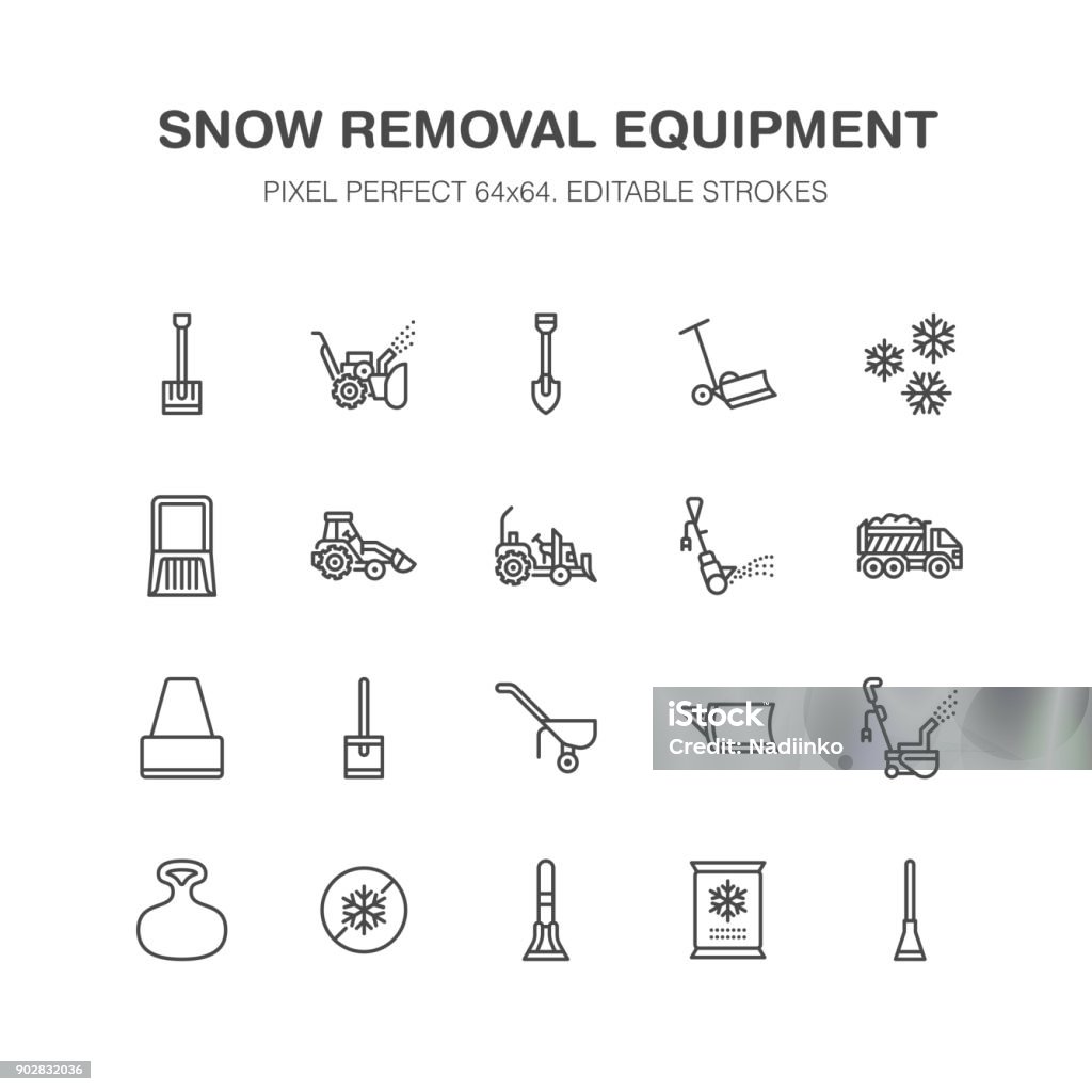 Snow removal flat line icons. Ice relocation service signs. Cold weather equipment - mini tractor, truck, front loader, shovel. Vector illustration, industrial cleaning symbols. Pixel perfect 64x64 Snow removal flat line icons. Ice relocation service signs. Cold weather equipment - mini tractor, truck, front loader, shovel. Vector illustration, industrial cleaning symbols. Pixel perfect 64x64. Snow stock vector