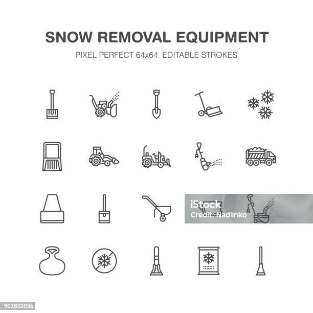 Snow Removal Flat Line Icons Ice Relocation Service Signs Cold Weather Equipment Mini Tractor Truck Front Loader Shovel Vector Illustration Industrial Cleaning Symbols Pixel Perfect 64x64 Stock Illustration - Download Image Now