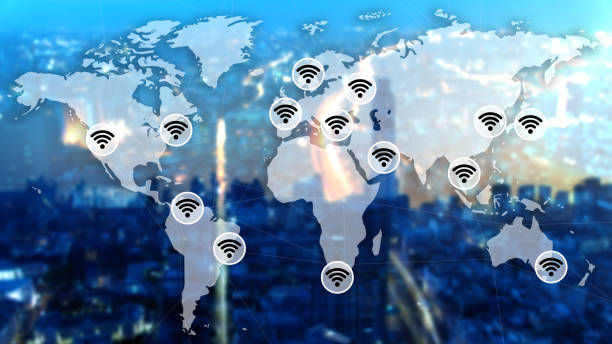 Globalization of WIFI concept with double exposure worldmap, wifi icons and cityscape. stock photo