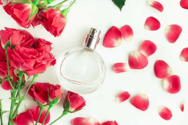 istock Rose perfume bottle top viewed framed with fresh pink flower petals 902835346