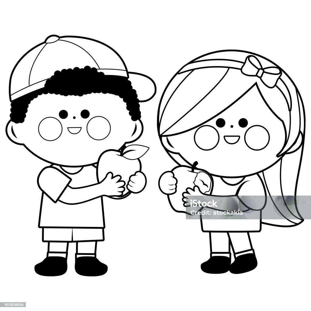 Children eating apples. Black and white coloring book page Two children, a boy and a girl eating apples. Vector black and white illustration Coloring stock vector