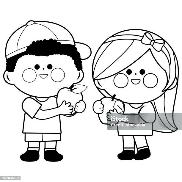 Children Eating Apples Black And White Coloring Book Page Stock Illustration - Download Image Now