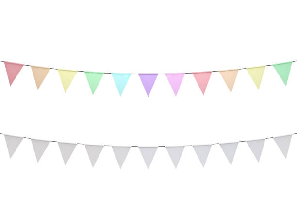Colorful pastel colors and white bunting flags isolated on white background Colorful pastel colors and white bunting flags isolated on white background. 3D rendering. bunting stock pictures, royalty-free photos & images