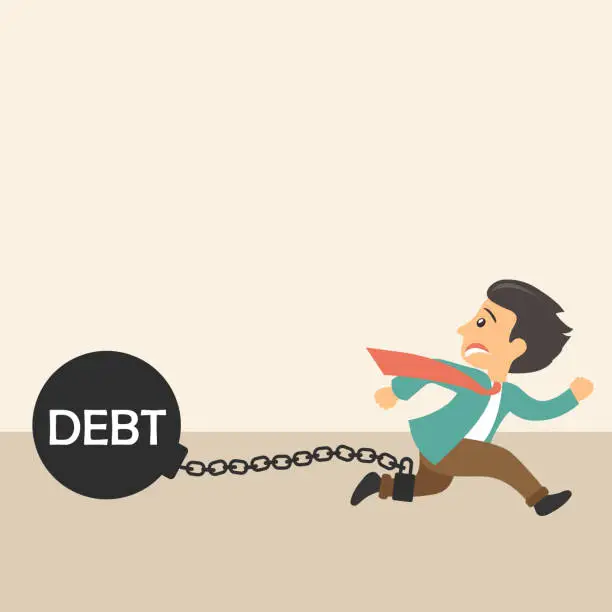 Vector illustration of Man chained to his debts metaphor. Flat vector illustration