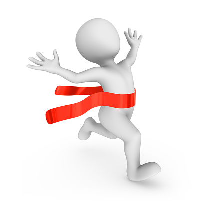 Happy 3d runner and red finishing ribbon. 3d rendered illustration.