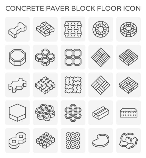 paver block icon Concrete paver block floor icon set. sidewalk icon stock illustrations