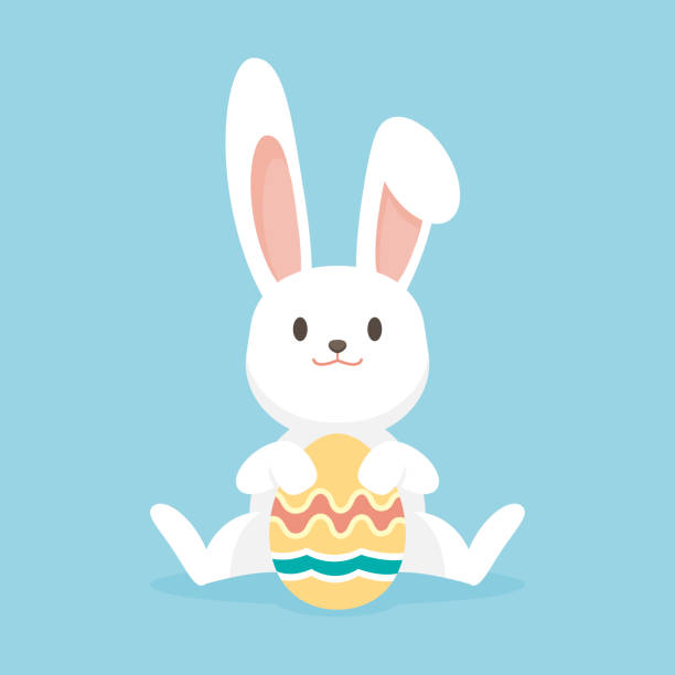 ilustraciones, imágenes clip art, dibujos animados e iconos de stock de lindo conejo con huevos de pascua, conejo de pascua feliz, vector de ilustración. - conejo