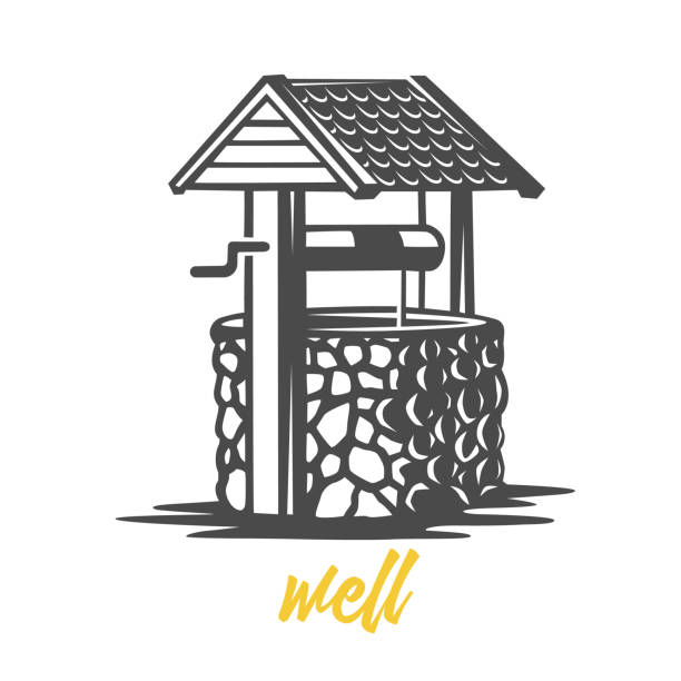 Wooden water well. Black and white vector objects. wells stock illustrations