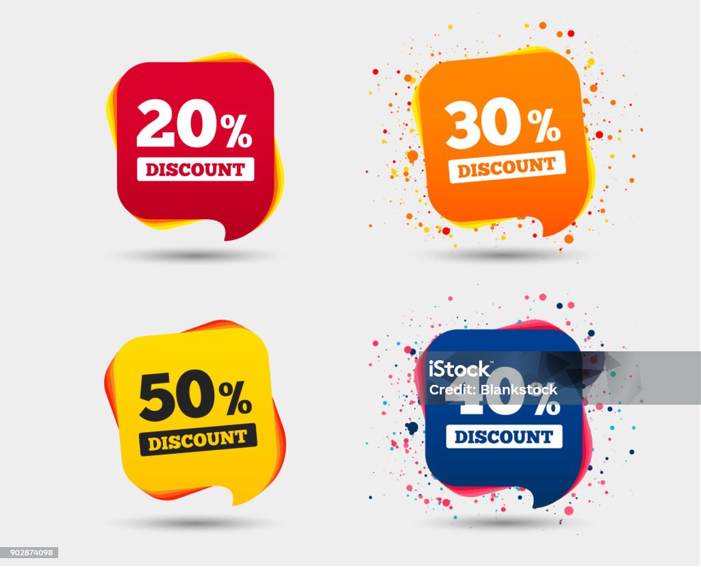 Sale discount icons. Special offer price signs. Sale discount icons. Special offer price signs. 20, 30, 40 and 50 percent off reduction symbols. Speech bubbles or chat symbols. Colored elements. Vector Sale stock vector