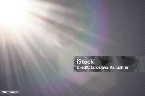 istock Vector transparent sunlight special lens flare. Abstract diagonal sun translucent light effect design. Isolated transparent background. Glow decor element. Star burst rays and spotlight 902874680