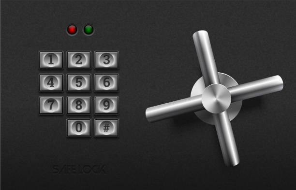 Realistic safe lock metal element on textured black plastic background. Stainless steel wheel. Vector icon or design element. Metal keypad buttons with number. Safety and privacy protection concept Safe lock elements safes and vaults stock illustrations
