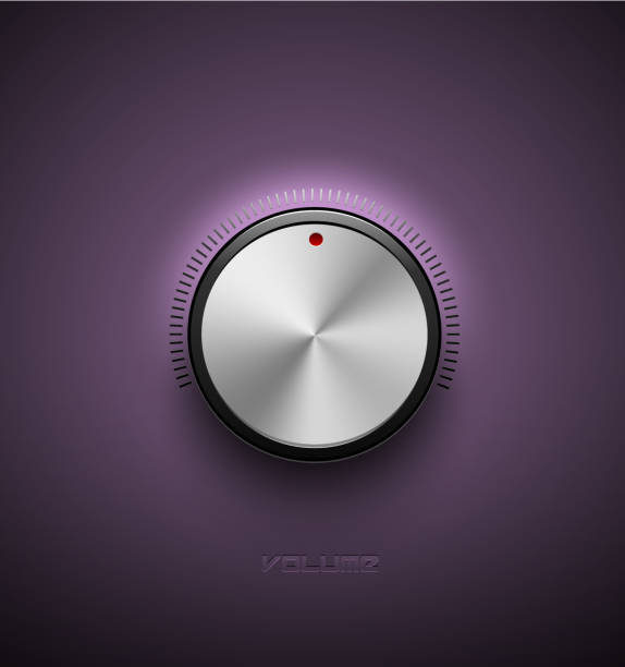 Volume button, sound control icon, music knob metal aluminum or chrome texture and scale with black ring on purple plastic background Metal volume control element volume knob stock illustrations