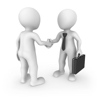3d businessman and client shaking hands.  3d rendered illustration.