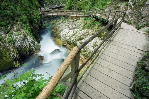 The Radovna river has cut the Vintgar Gorge deep between the hills. Wooden paths, passages and bridges lead visitors to waterfalls, rapids and ravines.