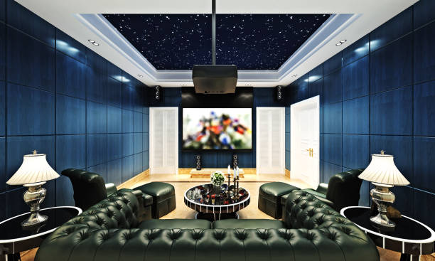 render 3d de la sala de teatro de cine en casa - residential structure audio fotografías e imágenes de stock