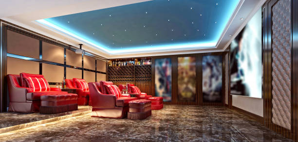 3d render of home cinema theatre room - flat screen audio imagens e fotografias de stock
