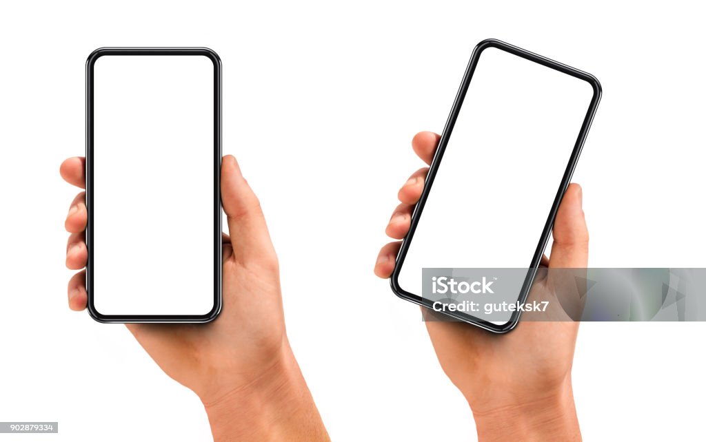 Hombre mano negro smartphone con pantalla en blanco y el moderno marco menos diseño - Foto de stock de Mano libre de derechos
