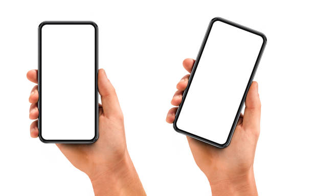 Man hand holding the black smartphone with blank screen and modern frame less design