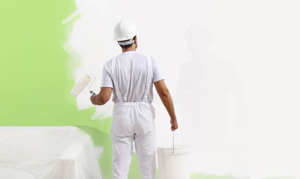 istock painter man at work with a paint roller, wall painting green color ecological concept, web banner template 902886784