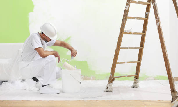 仕事で画家男がバケツからローラー ペイント ブラシで色を取る - construction worker preparation improvement new ストックフォトと画像