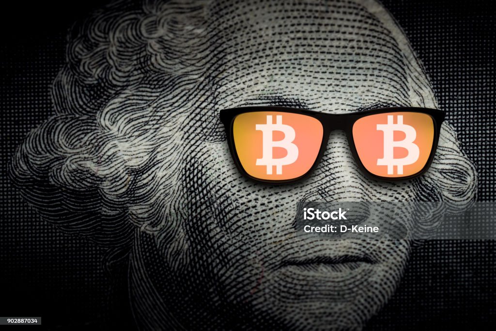 Bitcoin George Washington wearing sunglasses with Bitcoin signs. Cryptocurrency, digital money concept. Bitcoin Stock Photo