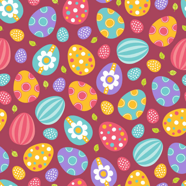 Easter seamless pattern with colorful eggs and leaves Easter seamless pattern with colorful eggs and leaves. Perfect for wallpaper, gift paper, textile, holiday greetings 2933 stock illustrations