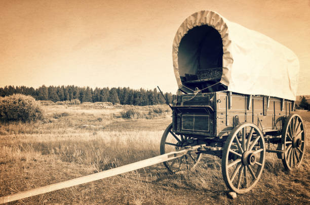 vintage american western wagon, sepia vintage process, west american cowboy times concept - covered wagon imagens e fotografias de stock