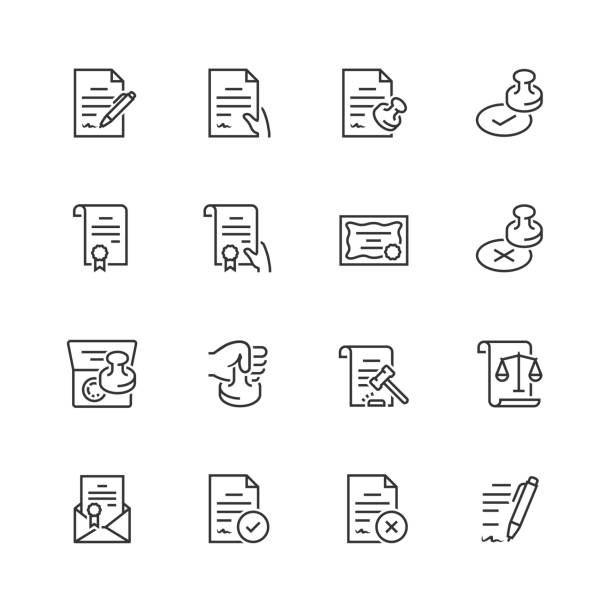ilustrações de stock, clip art, desenhos animados e ícones de vector icon set of legal documents in thin line style - agreement