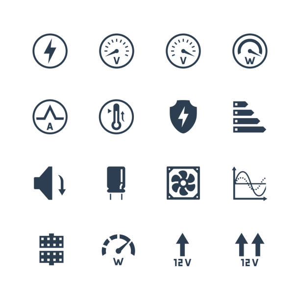 PSU or power supply unit for desktop computer vector icon set. Protections and features vector art illustration