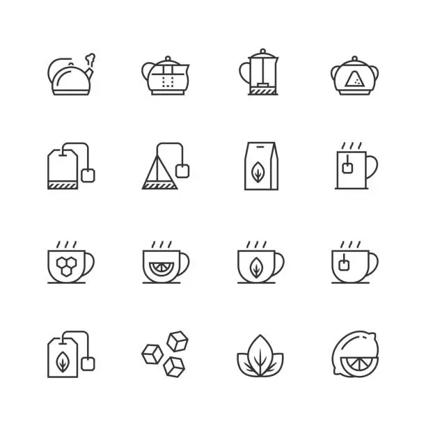 Vector illustration of Tea related vector icon set in thin line style