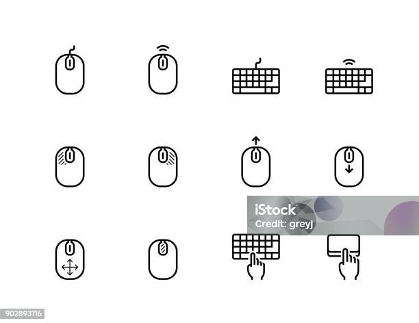 Computer Mouse Its Buttons Indication And Keyboard Vector Icon Set In Thin Line Style Stock Illustration - Download Image Now