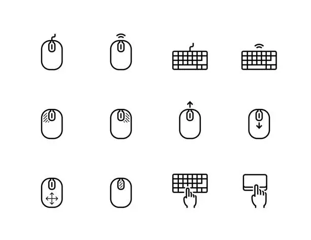 Vector illustration of Computer mouse, its buttons indication and keyboard vector icon set in thin line style