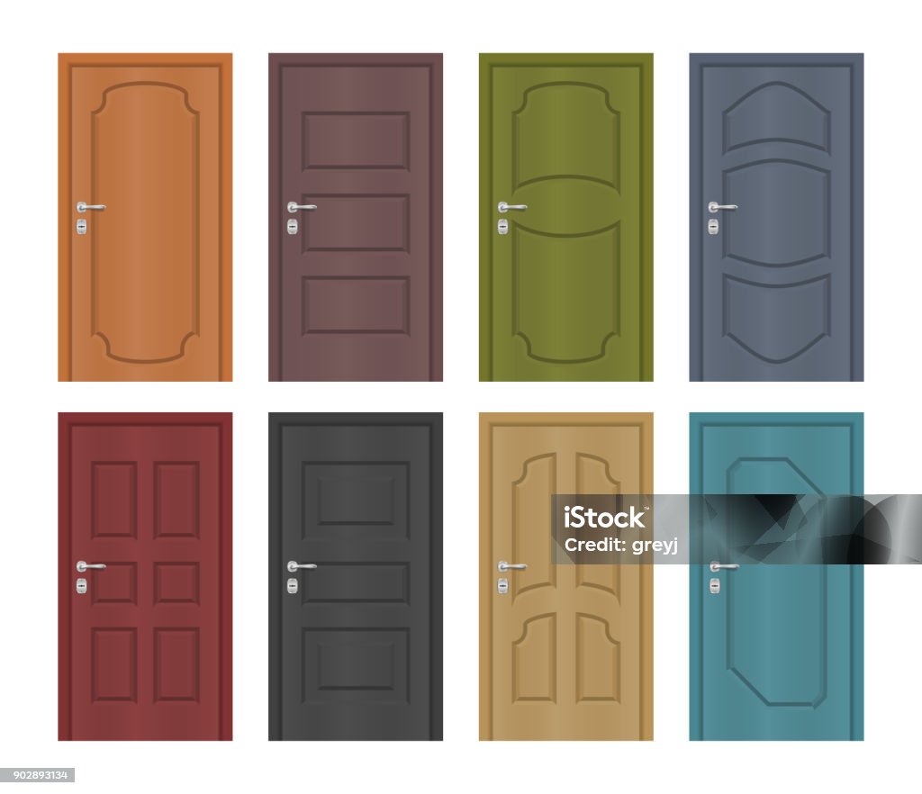 Interior of colored entrance doors, vector set Door stock vector