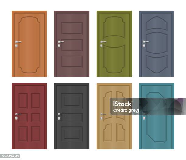 Interior Of Colored Entrance Doors Vector Set Stock Illustration - Download Image Now - Door, Hotel, Decoration