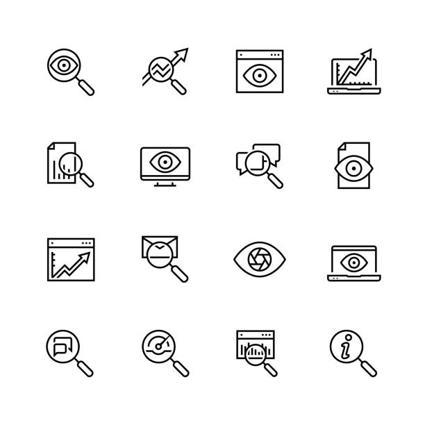 ilustraciones, imágenes clip art, dibujos animados e iconos de stock de observación y vigilancia icono vector situado en estilo de línea fina - equipo monitor