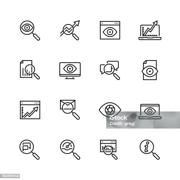 Icona Del Vettore Di Osservazione E Monitoraggio Impostata In Stile Linea Sottile - Immagini vettoriali stock e altre immagini di Icona