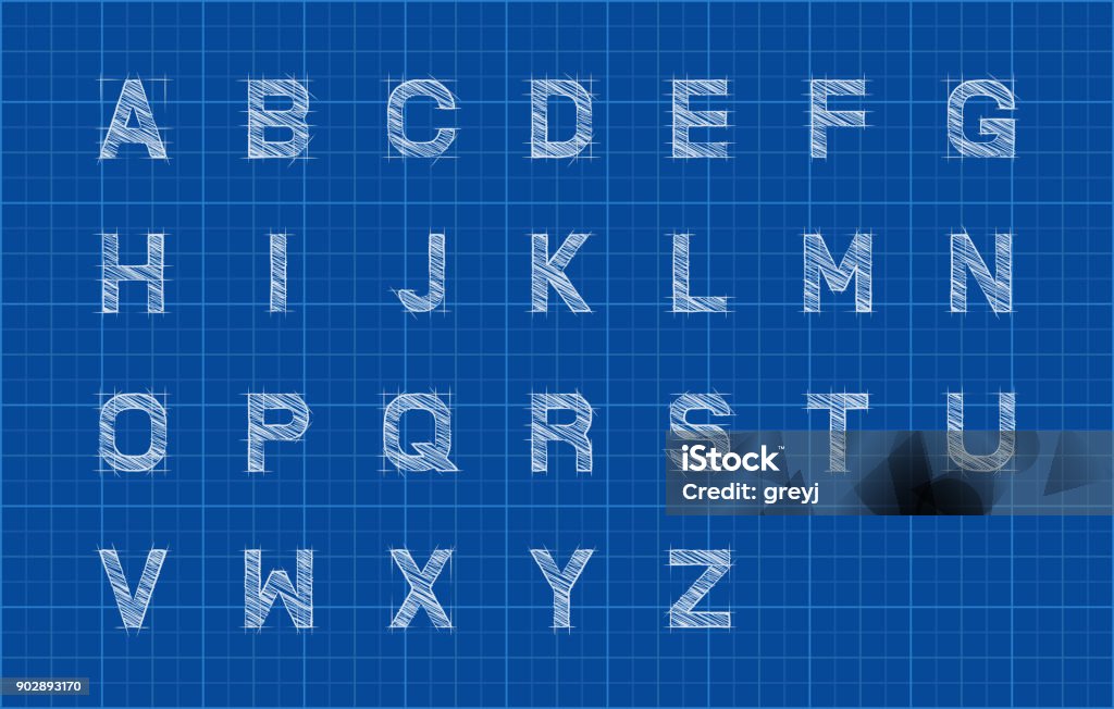 Sketch alphabet or font over blueprint paper background Blueprint stock illustration