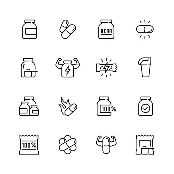 Sport supplements related vector icon set in thin line style Sport supplements related vector icon set in thin line style protein powder bottle stock illustrations