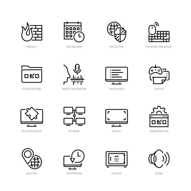 illustrations, cliparts, dessins animés et icônes de outils de système d’exploitation vector icône définie dans le style de ligne fine - installing computer computer equipment computer icon