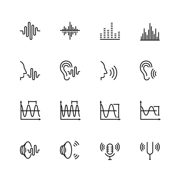 akustik und sound vektor icon set in dünne linienstil - ohr stock-grafiken, -clipart, -cartoons und -symbole
