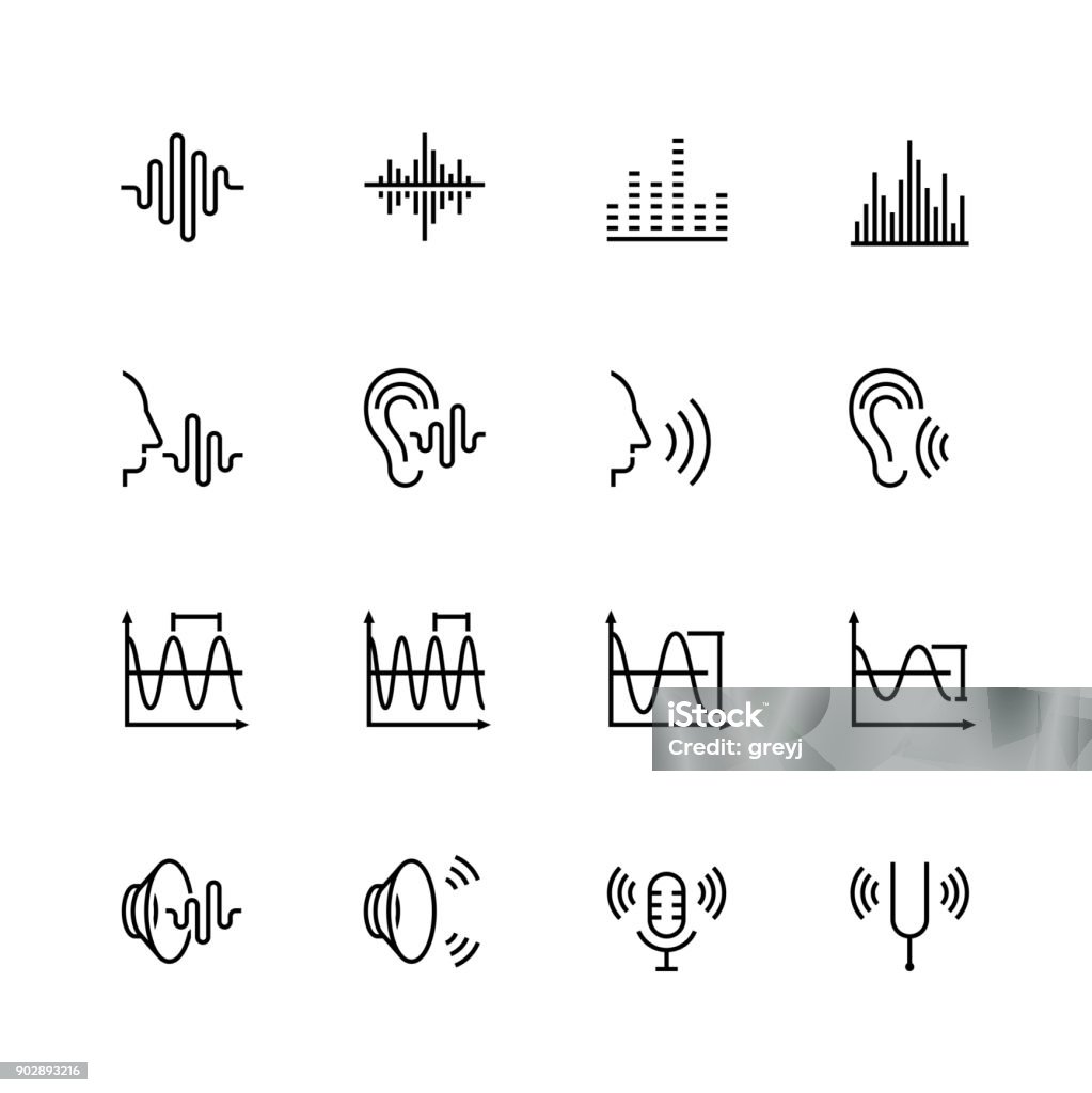 Acoustique et l’icône de son vecteur défini dans le style de ligne fine - clipart vectoriel de Icône libre de droits