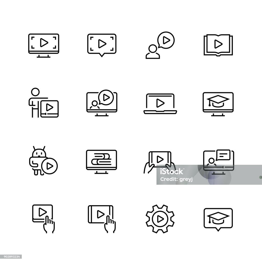 Tutorial relacionado con conjunto de iconos de vector de estilo de línea fina - arte vectorial de Ícono libre de derechos