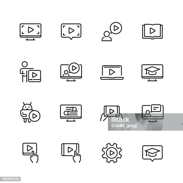 Ilustración de Tutorial Relacionado Con Conjunto De Iconos De Vector De Estilo De Línea Fina y más Vectores Libres de Derechos de Ícono