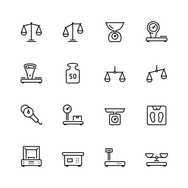 Scales and weighing vector icon set in thin line style Scales and weighing vector icon set in thin line style balance symbols stock illustrations