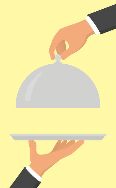 nampan sajian makanan terbuka di tangan. ilustrasi vektor dalam gaya datar - butler holding food ilustrasi stok